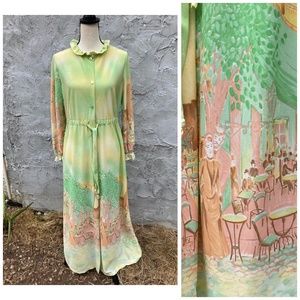 60's Vintage RARE Vintage Maxi Dress - Impressionist Painting Print, Pastel 70s